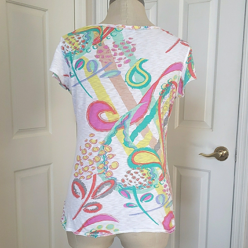 Fresh Produce Colorful Abstract Cotton Scoop‑Neck Top White Yellow Aqua • SMALL - Picture 4 of 14